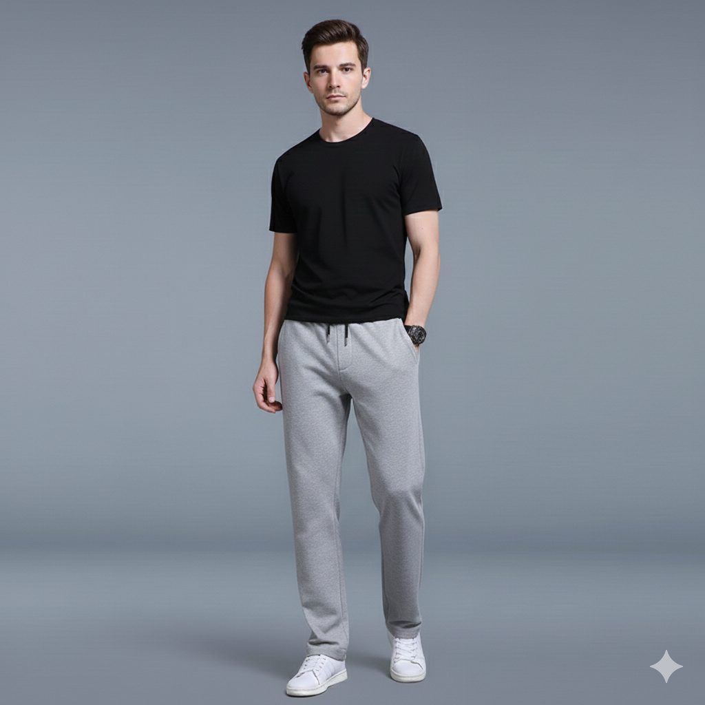 Man wearing a black t-shirt and gray pants on a gray background