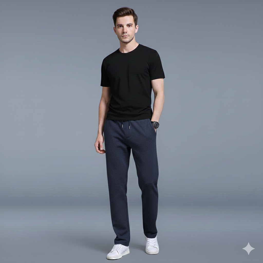 Man wearing a black t-shirt and navy pants on a gray background