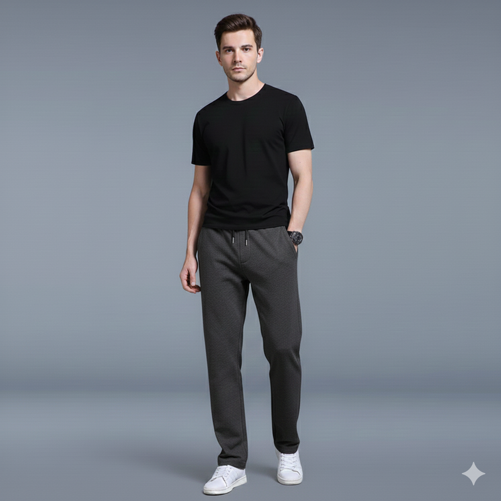 Man wearing a black t-shirt and gray pants on a gray background