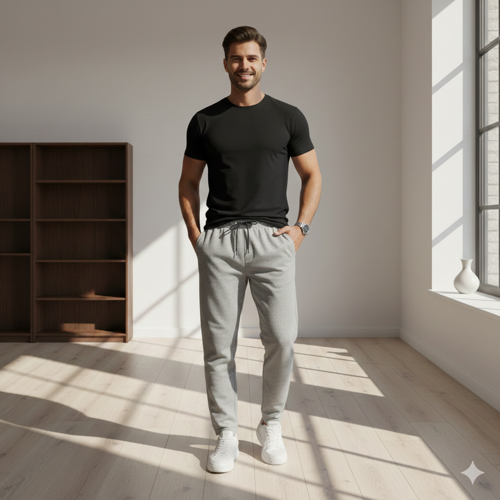 Man wearing a black t-shirt and gray sweatpants standing in a well-lit room with wooden floor and bookshelf.