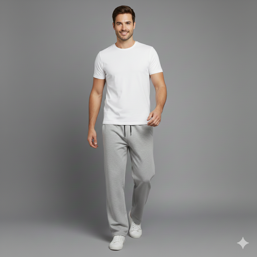 Man wearing a white t-shirt and gray pants on a gray background