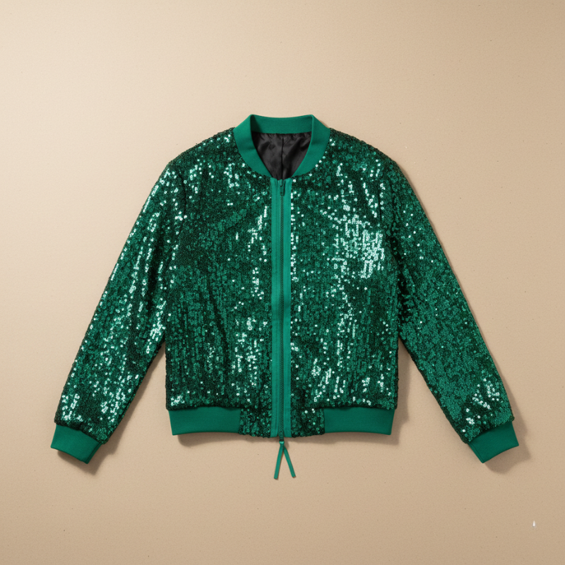 Green sequin jacket on a beige background