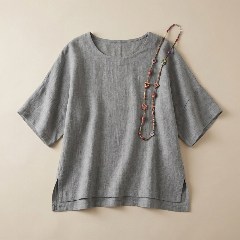 Gray t-shirt with a colorful necklace on a beige background