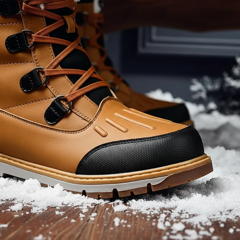 Close-up of brown hiking boots showing reinforced toe cap and deep traction sole.