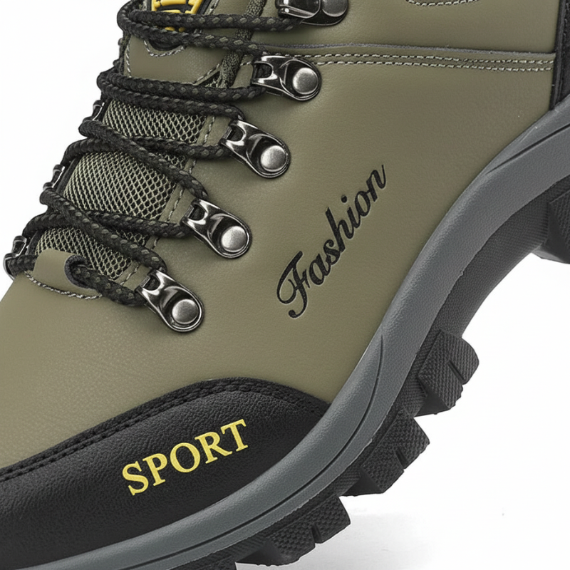 Close-up of the outsole on men’s hiking shoes showing deep tread and durable grip pattern.