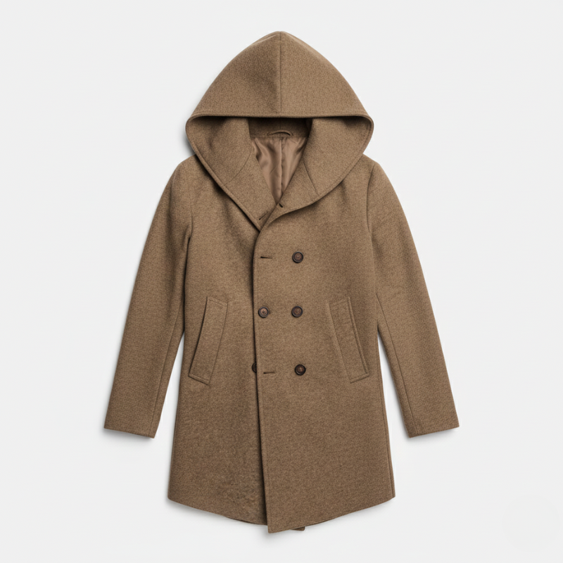 Brown hooded coat on a light gray background