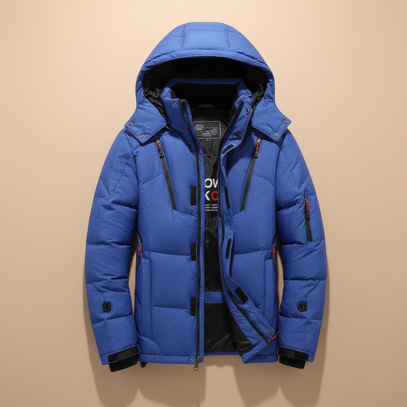 Blue puffer jacket with a brand logo on a beige background