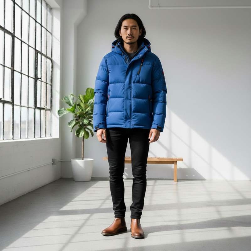 Man wearing a blue puffer jacket in a bright room with large windows.