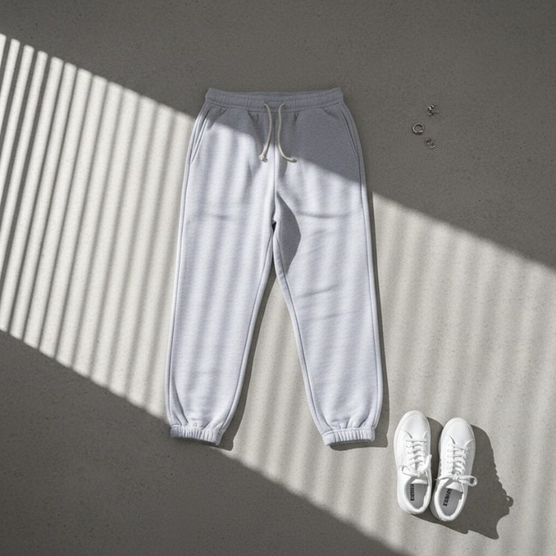 Light gray sweatpants with white sneakers on a textured surface