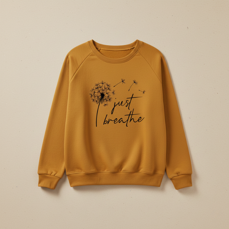 Mustard yellow sweatshirt with a dandelion graphic and 'just breathe' text on a beige background