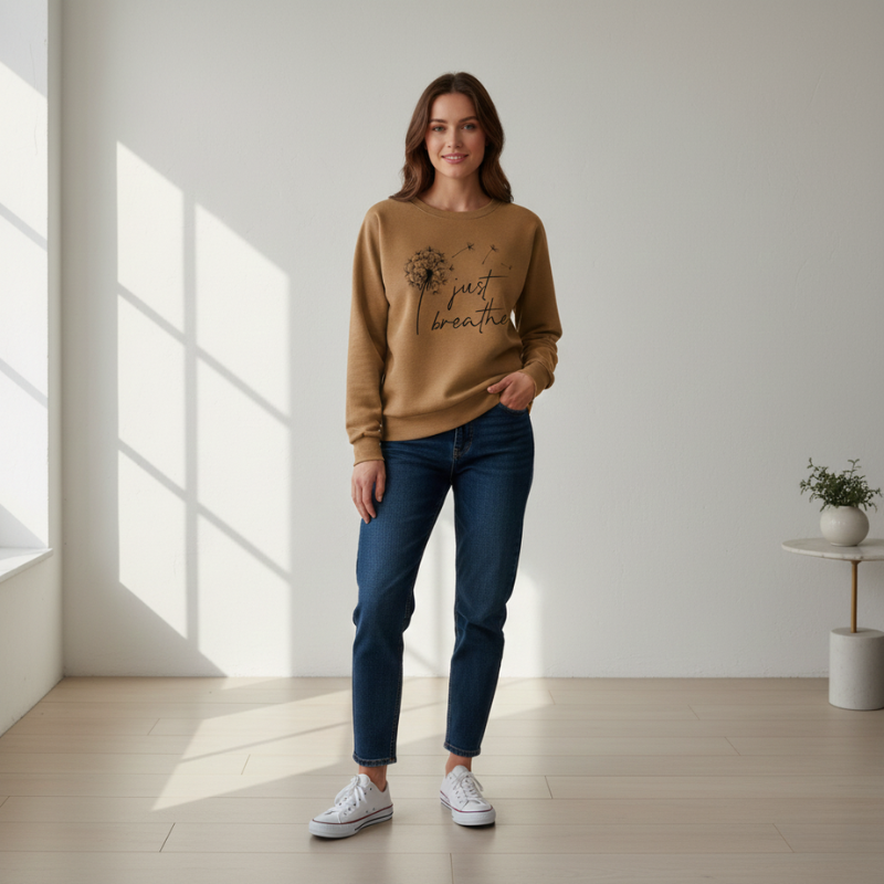 Woman wearing a brown sweatshirt with text and blue jeans standing in a bright room.