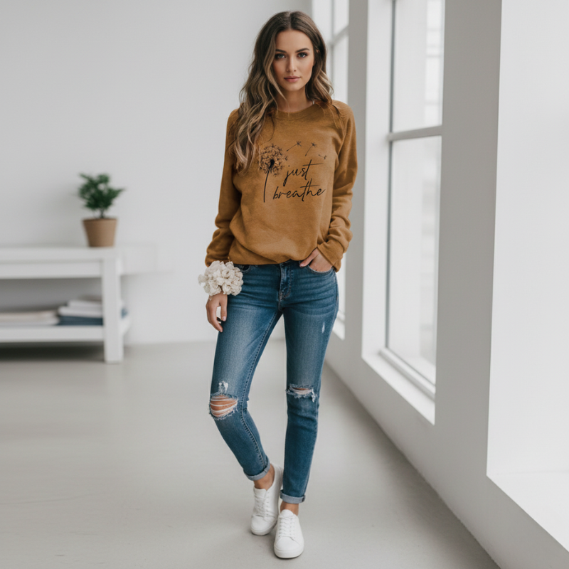 Woman wearing a brown sweatshirt with text and blue jeans in a bright room.