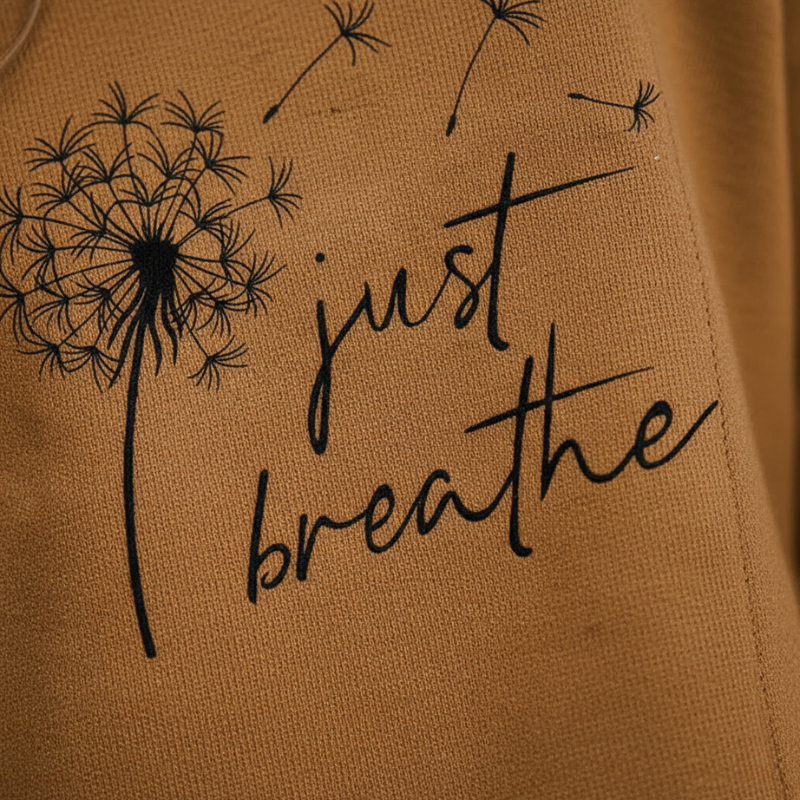 Brown fabric with black dandelion illustrations and 'just breathe' text