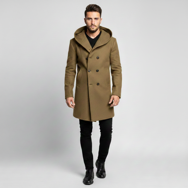 Man wearing a brown coat with a hood in a modern indoor setting