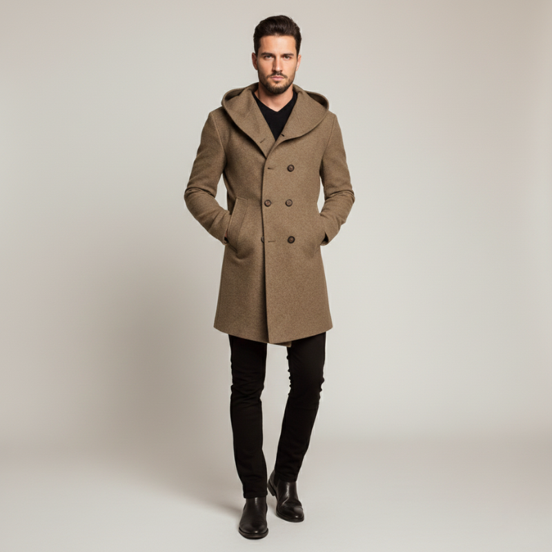 Man wearing a brown coat on a plain background