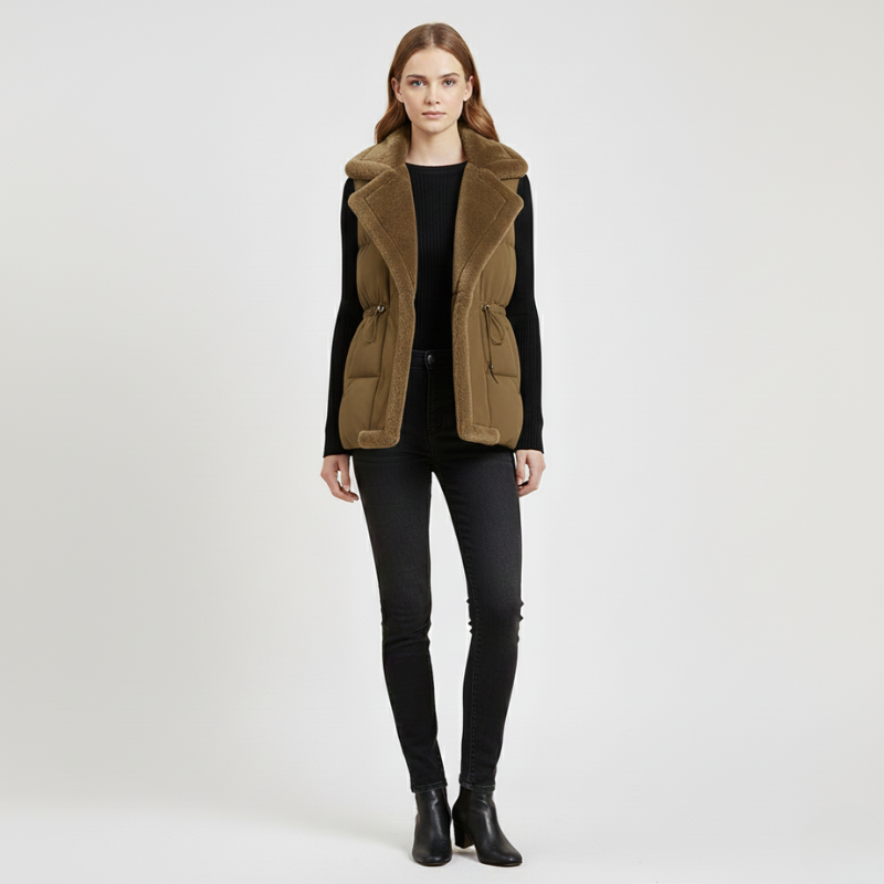 Woman wearing a brown vest over a black outfit on a white background