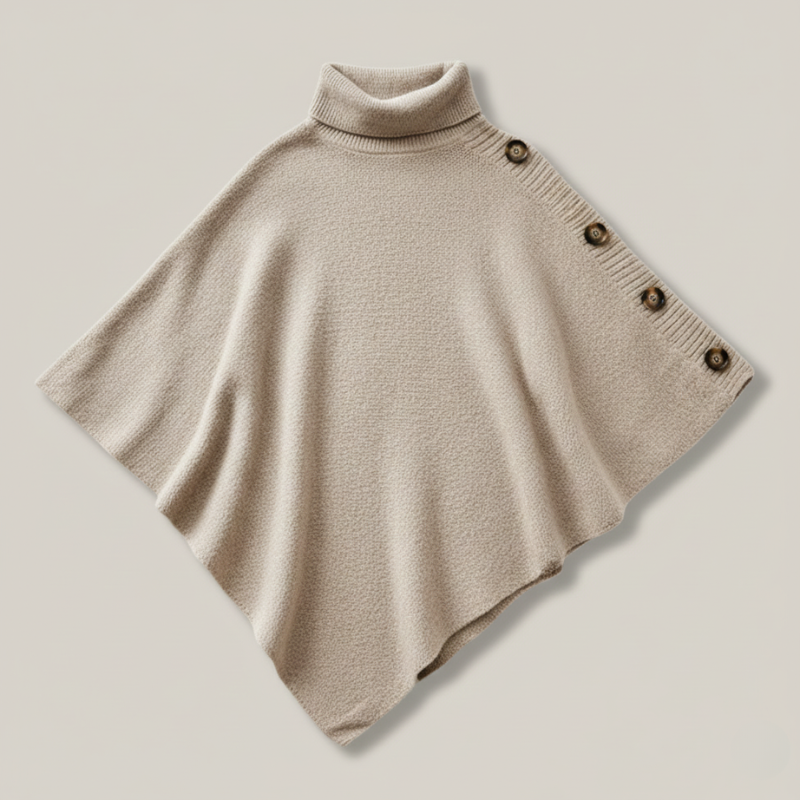 Beige poncho with button details on a light gray background