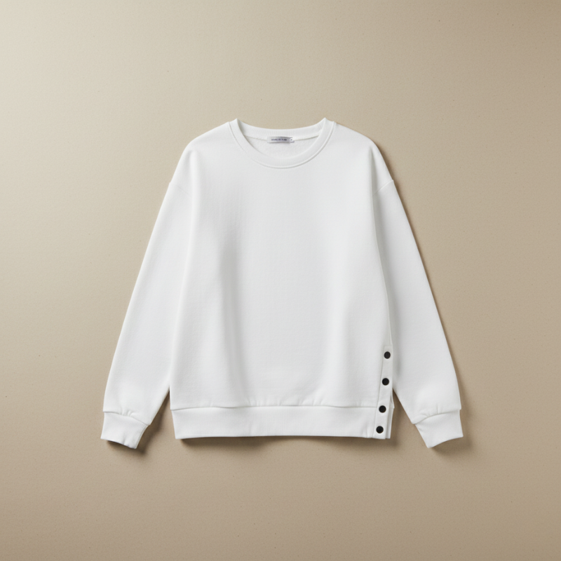White sweatshirt with button details on a beige background