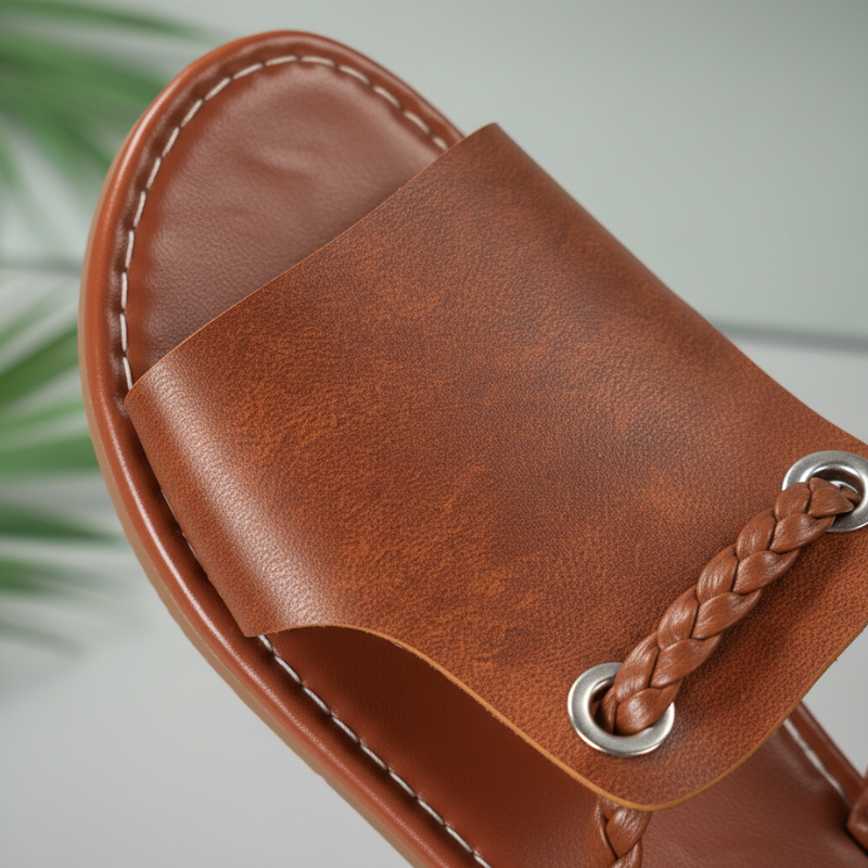 Brown leather sandal with braided detail on a blurred green background
