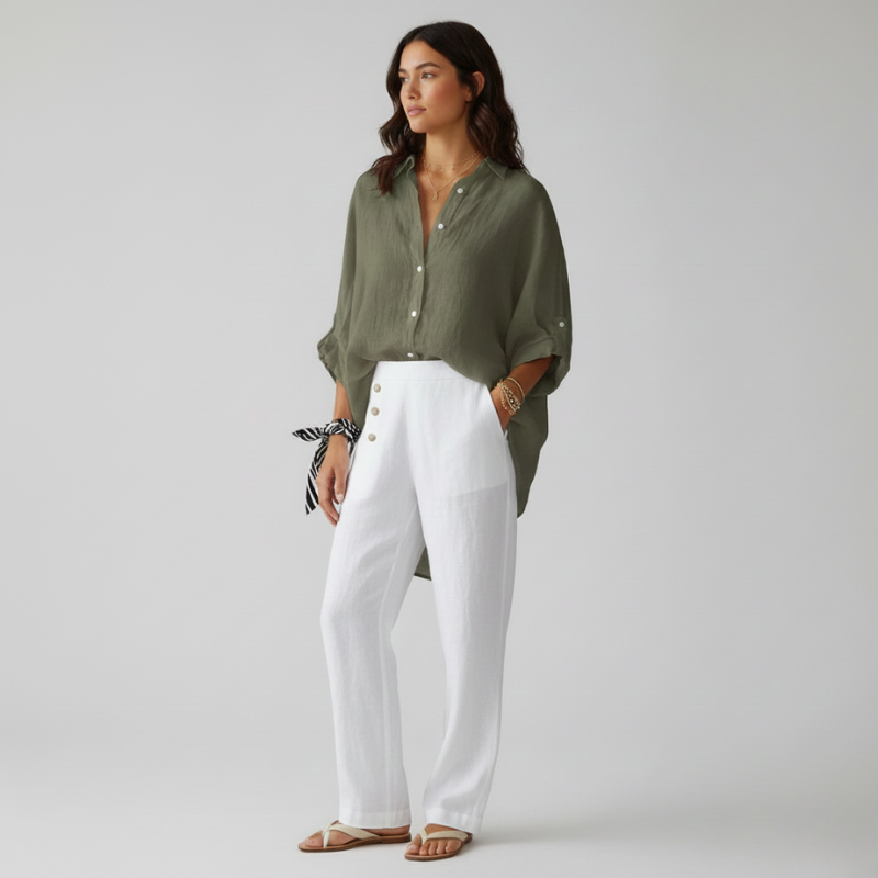 Woman wearing a green shirt and white pants against a plain background