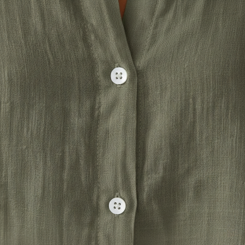 Close-up of a green textured shirt with buttons
