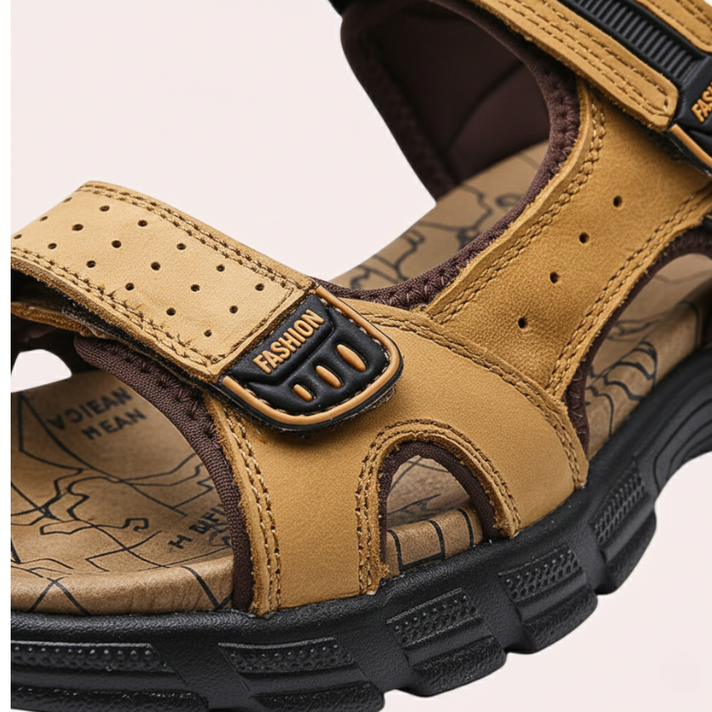 Close-up of brown men’s sandals highlighting side straps, stitching, and buckle closure.
