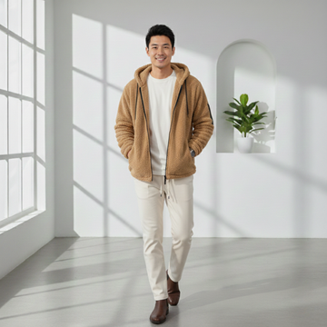 Man wearing a beige fleece zip jacket styled with a white t-shirt and light pants in a bright indoor setting.