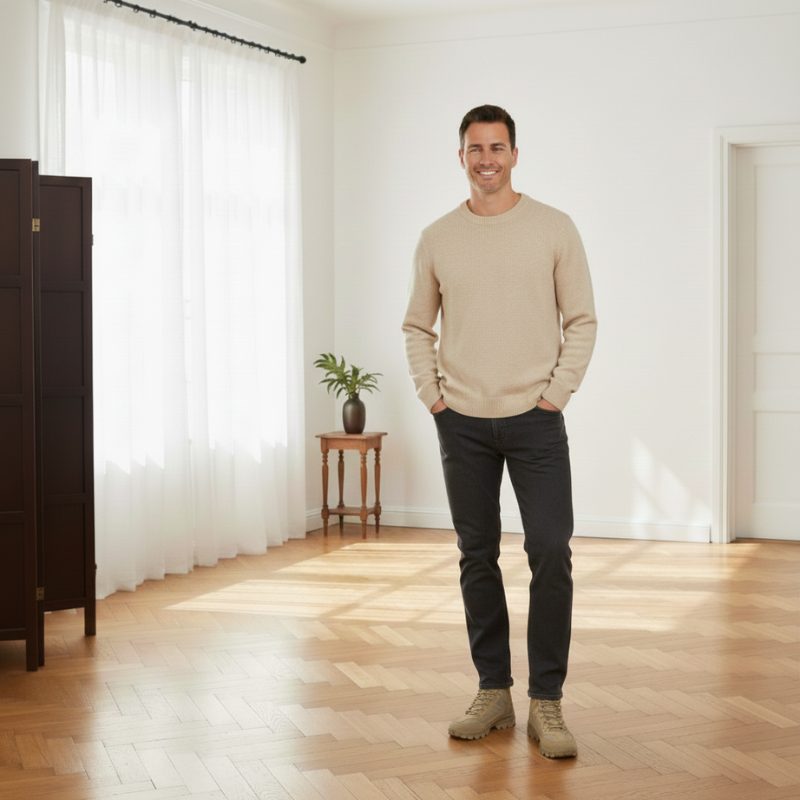 Man wearing a beige t-shirt with dark jeans standing indoors in natural window light.