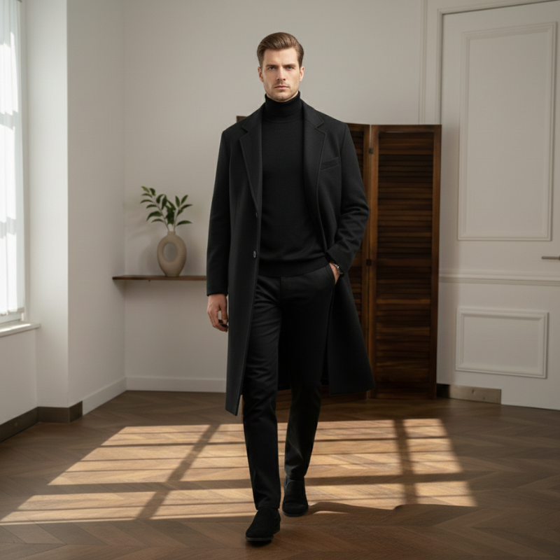 Man standing indoors wearing a long black wool overcoat styled with a turtleneck and dress trousers.