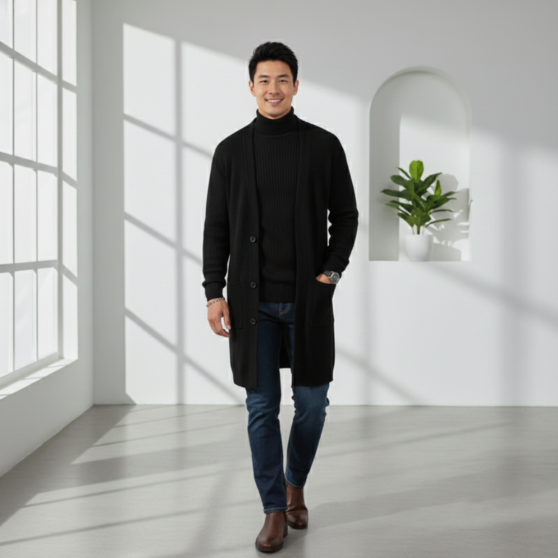 Male model standing near a window wearing a black turtleneck sweater and slim-fit jeans.