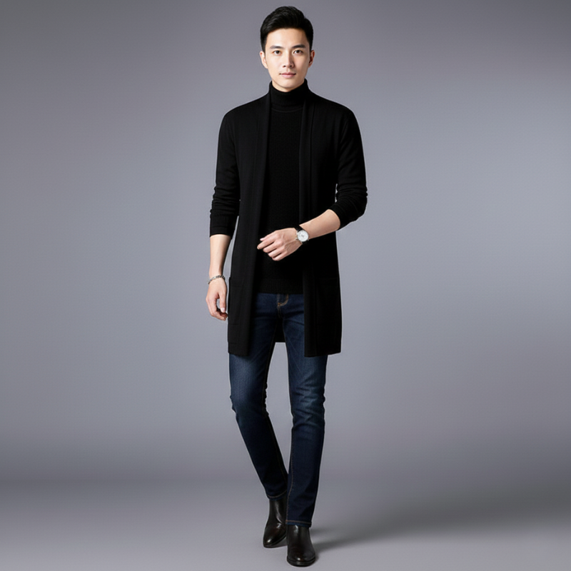 Man walking in a studio wearing a black turtleneck sweater styled with dark denim.