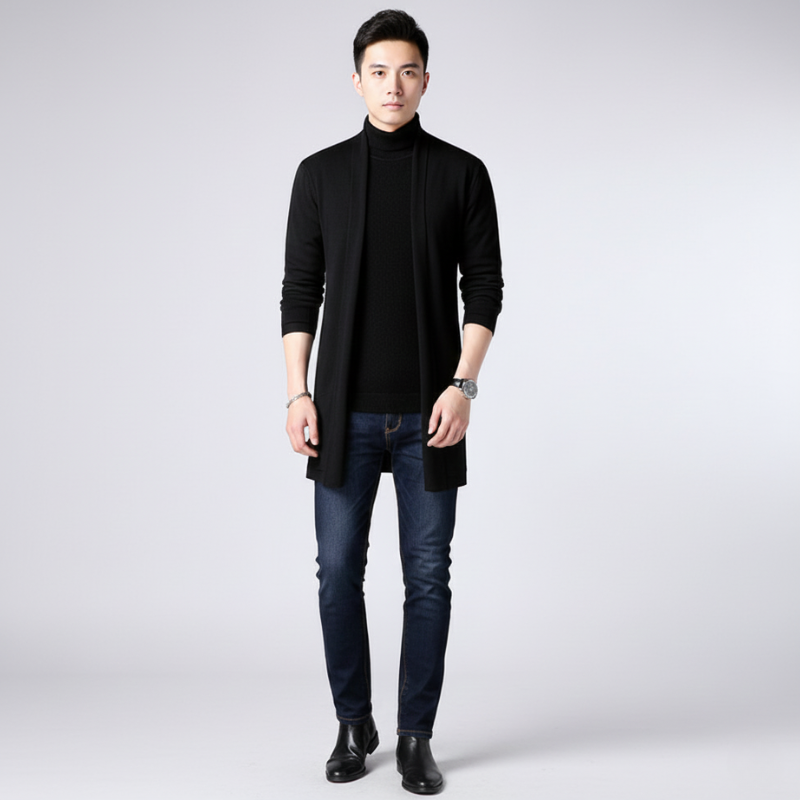 Man wearing a black turtleneck sweater paired with dark jeans in a clean studio setting.