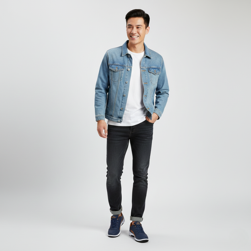 Man wearing a blue denim jacket layered over a white t-shirt with dark jeans in a studio setting.