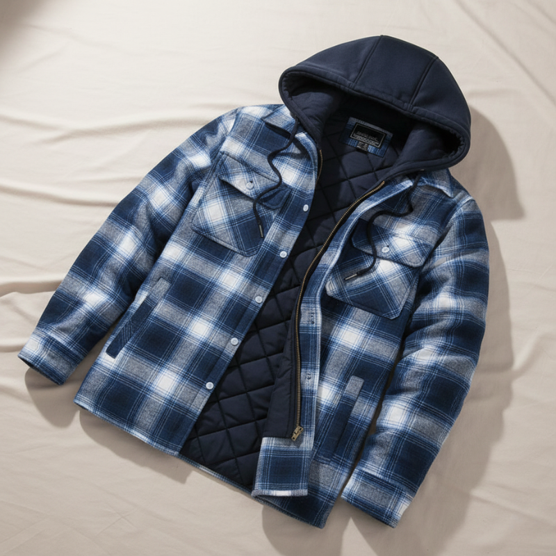 Flatlay of a blue plaid hooded jacket showing quilted lining and button-front design.
