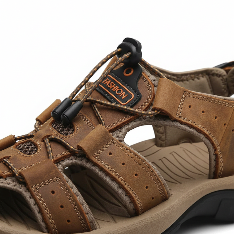 Side view of brown casual men’s sandals with adjustable straps and textured sole.