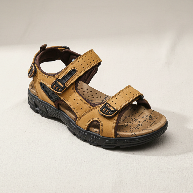 Top view of brown men’s strap sandals showing adjustable buckles and textured footbed.