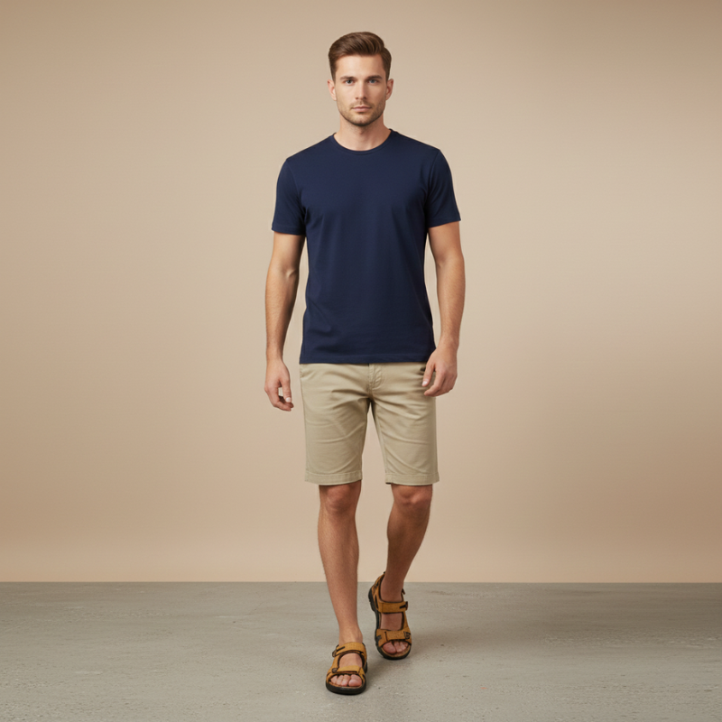 Man standing against a neutral background wearing brown summer sandals with casual shorts.