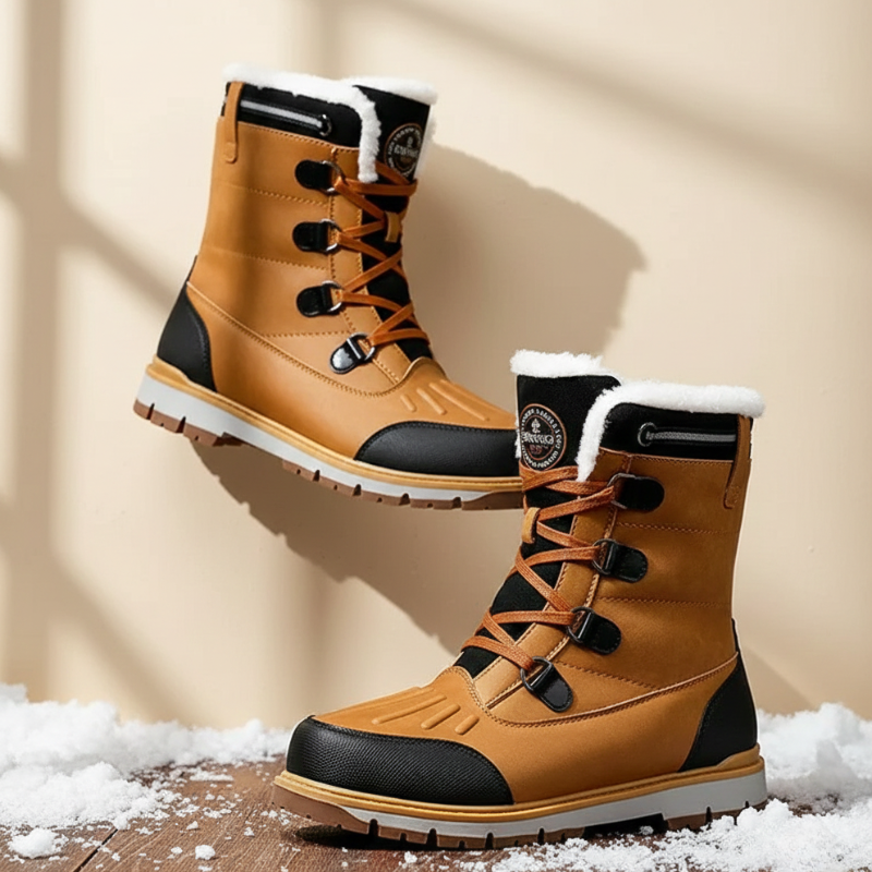Pair of brown waterproof hiking boots with rugged soles displayed outdoors on snow.