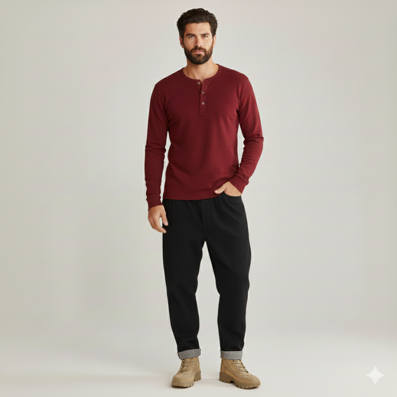 Man wearing a burgundy sweater paired with brown pants in a studio environment.