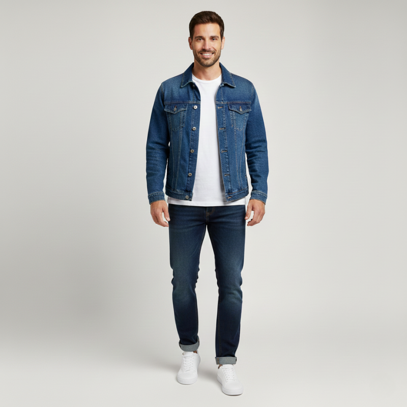 Full-body studio image of a man wearing a blue denim jacket styled for everyday casual wear.