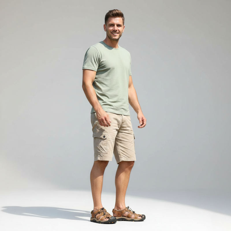 Male model posing in a light blue shirt and shorts styled for warm-weather wear.