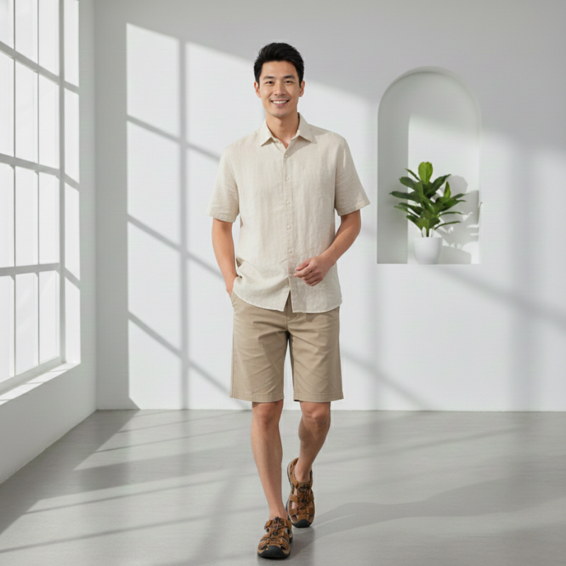 Male model posing in a light blue shirt and shorts styled for warm-weather wear.