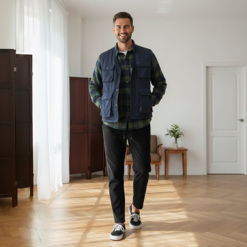 Man standing indoors wearing a navy casual vest styled with jeans and a button-up shirt.