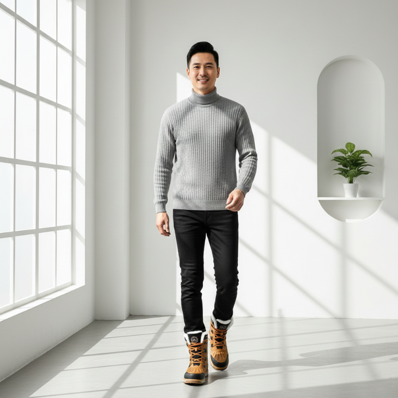 Man standing indoors wearing casual winter clothing styled with rugged hiking boots.