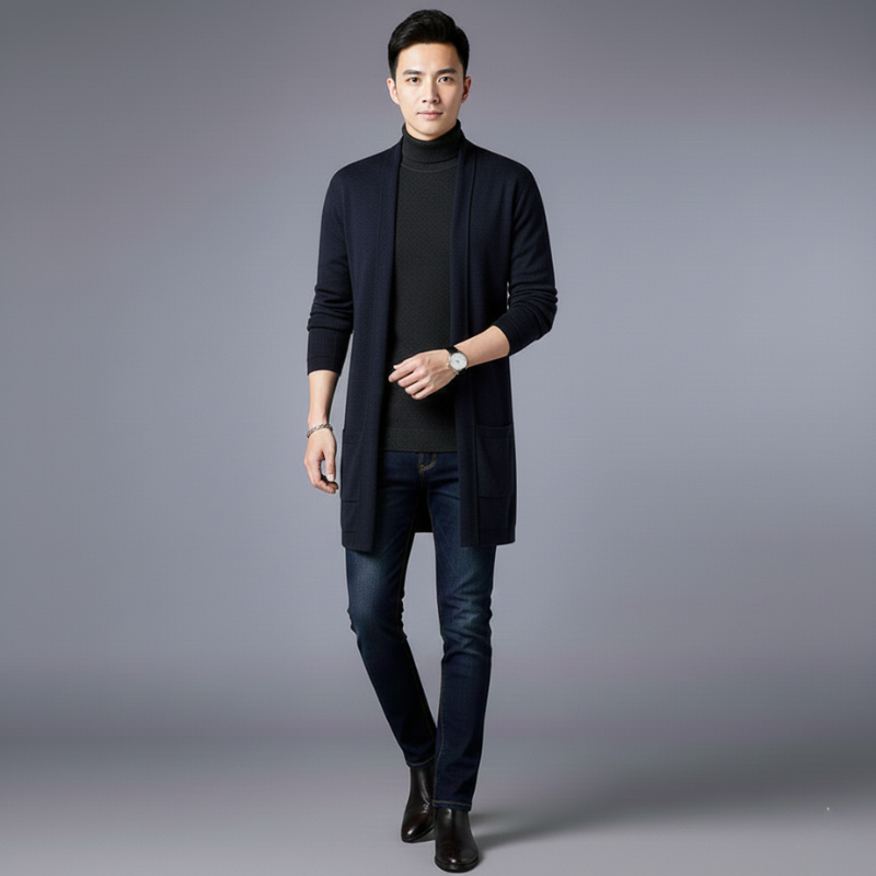 Male model posing in a classic black turtleneck sweater with a modern slim fit.