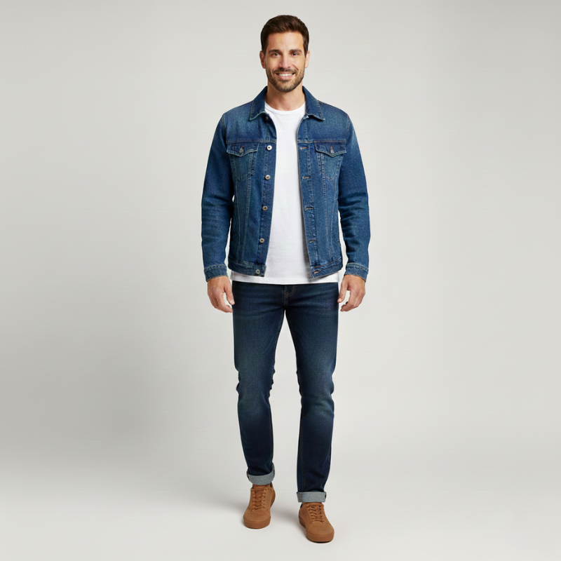 Man wearing a denim jacket indoors paired with dark jeans and casual shoes.