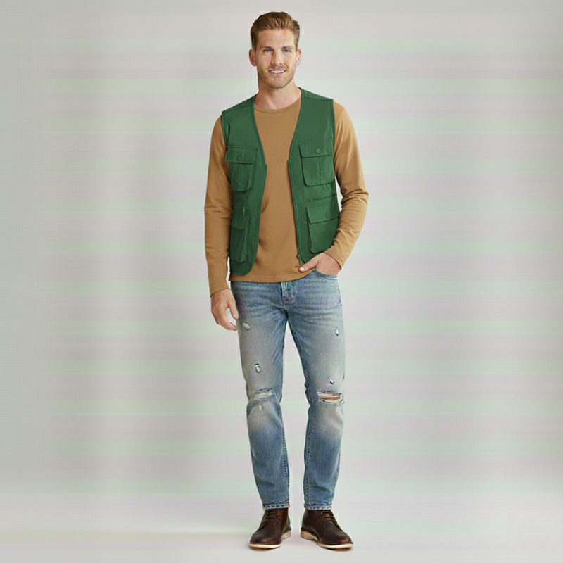Male model wearing a green sleeveless vest layered over a neutral top with jeans in studio lighting.
