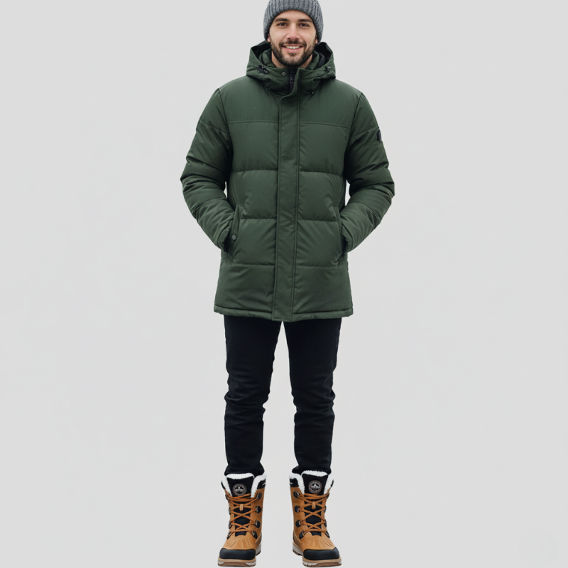 Man wearing a green outdoor jacket paired with dark pants and hiking boots in a studio setting.