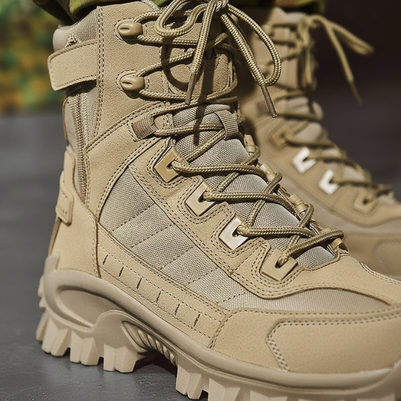 Close-up of tan hiking boots showing lace system, reinforced eyelets, and rugged construction.