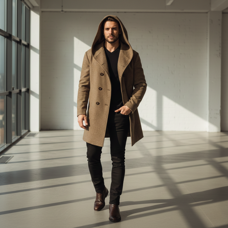 Man wearing a brown coat with a hood in a modern indoor setting
